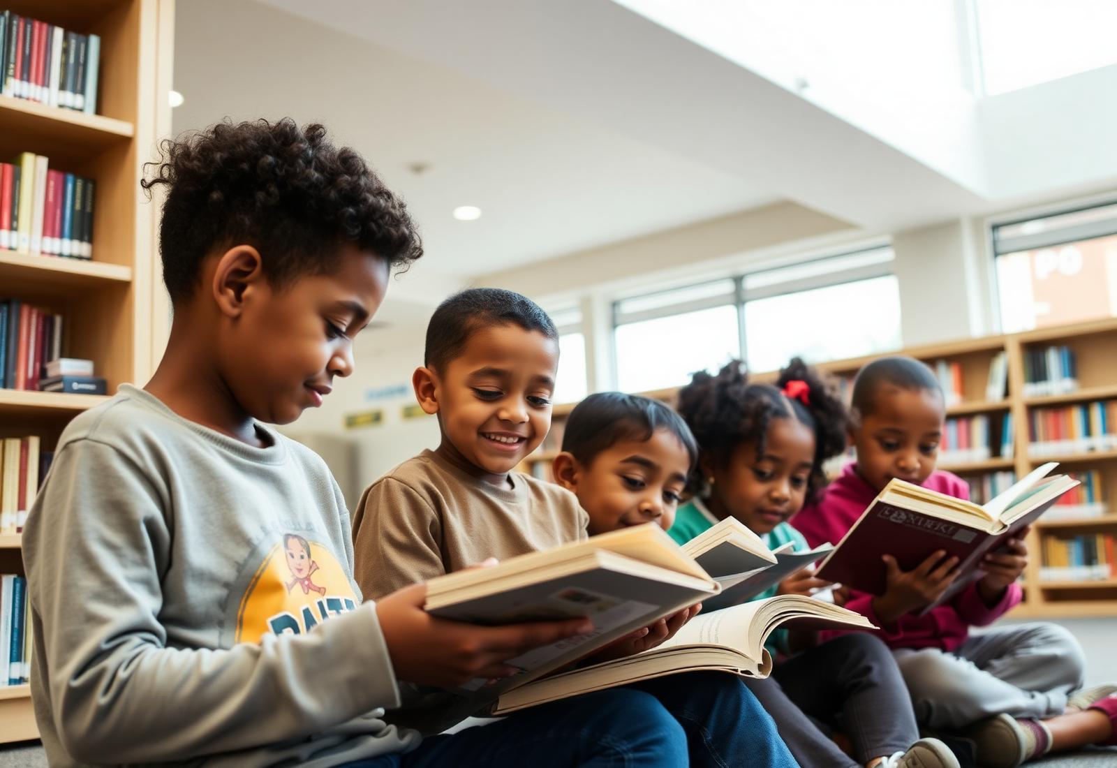 Children reading together in a library